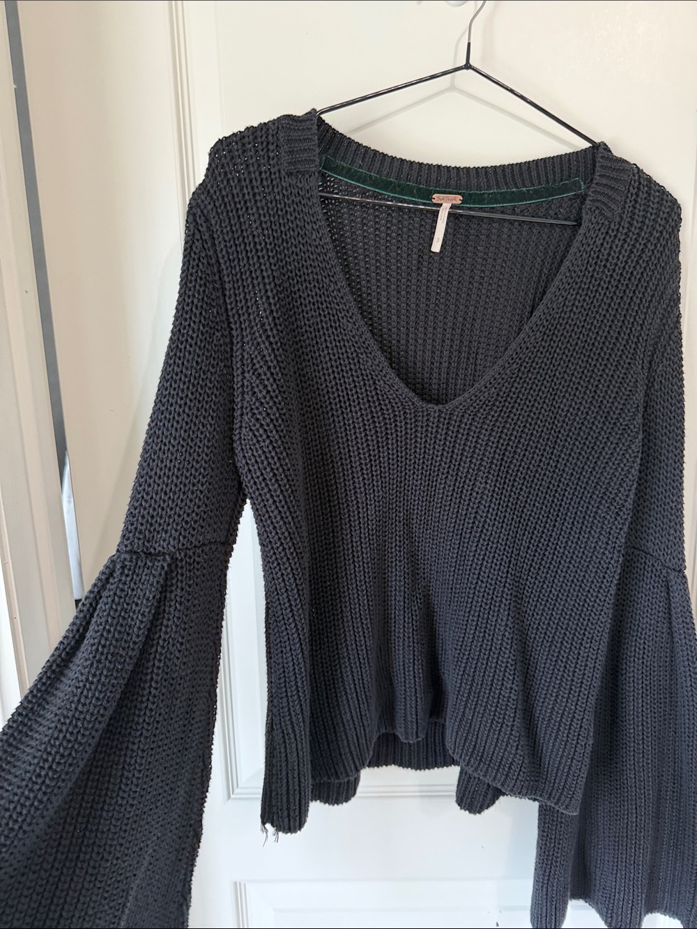 Free people blackV-Neck Knit Sweater with Flared Sleeves